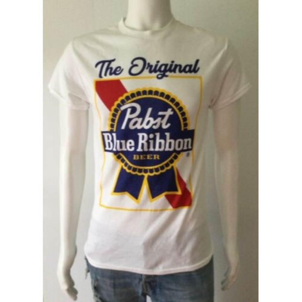 PABST BLUE RIBBON Men's Graphic Print Short Sleeve Shirt, White (Size S)